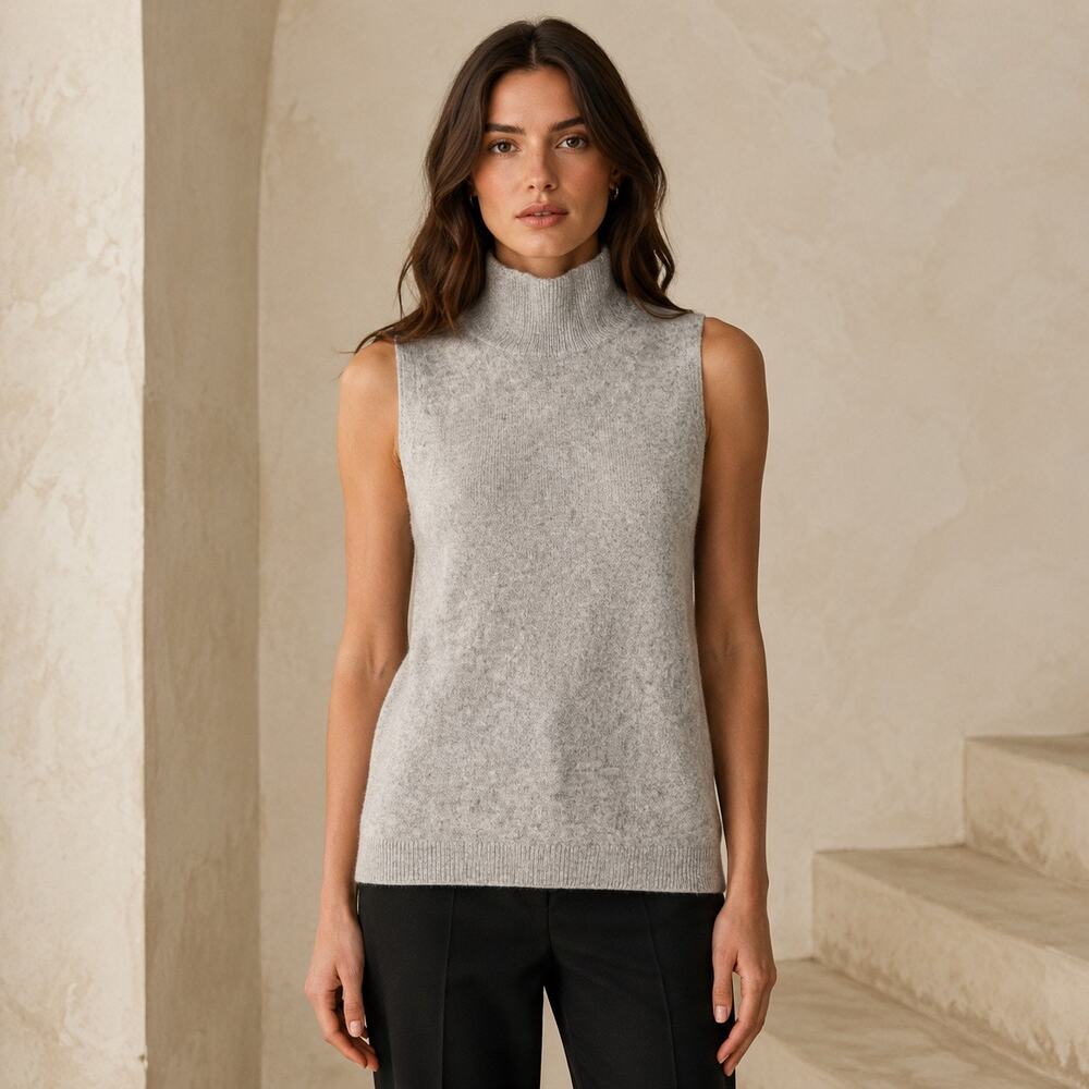 Quiet Luxury C by Bloomingdale’s Heather Gray Cashmere Sleeveless Turtleneck XS